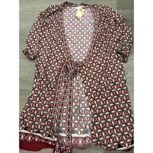 MAX STUDIO Classic Wrap Dress Graphic Print Red Black White Abstract MINI Sz S